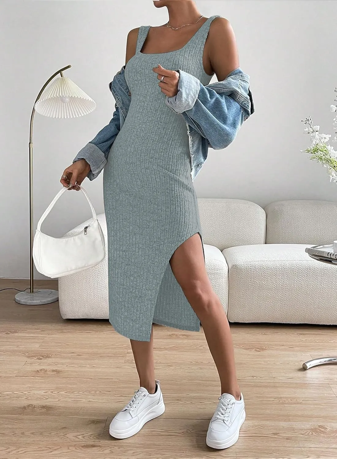 Samefar Womens Summer Square Neck Dress Sleeveless Bodycon Dresses Side Slit Midi Tank Sundresses Cocktail Dresses