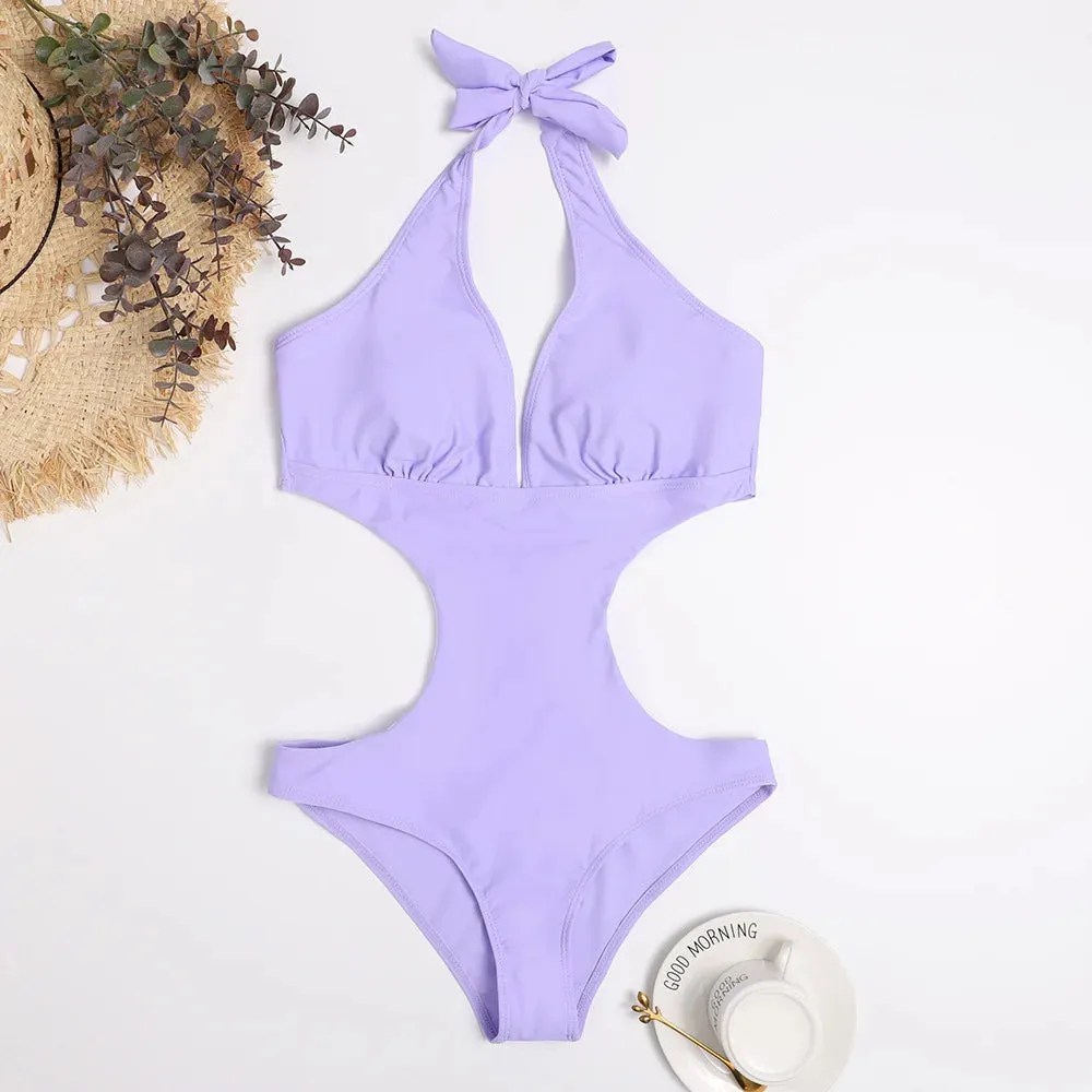 Sexy Cut Out Deep V Halter Backless One Piece Swimsuit