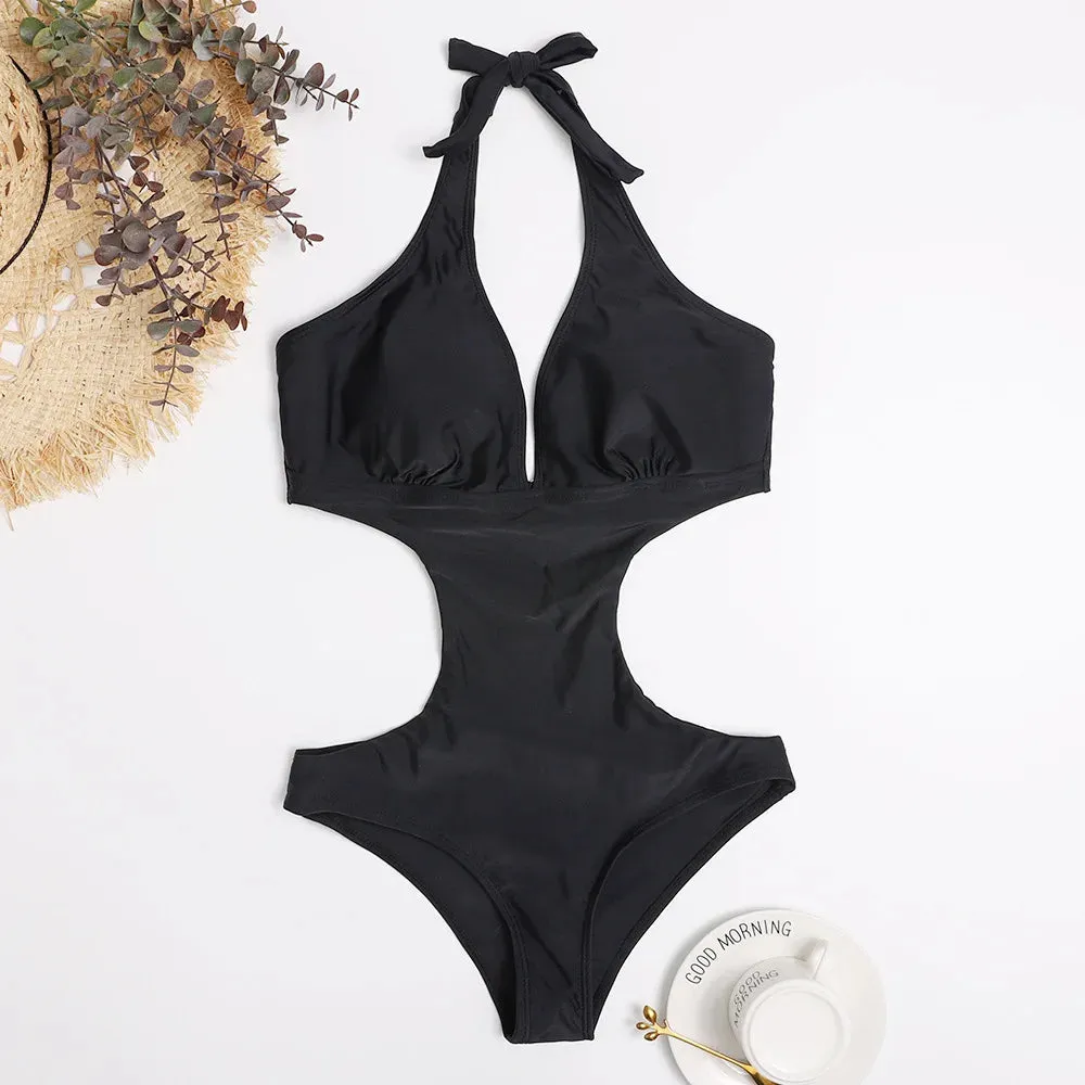 Sexy Cut Out Deep V Halter Backless One Piece Swimsuit