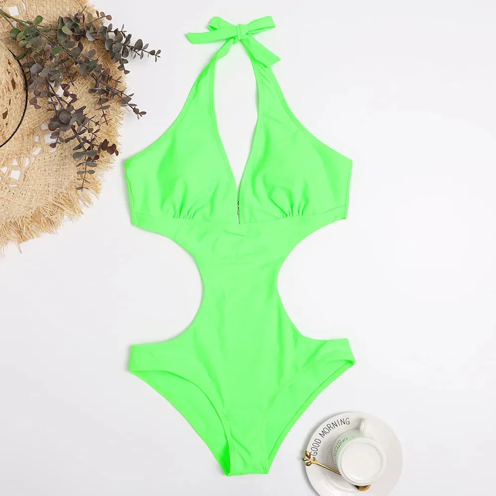 Sexy Cut Out Deep V Halter Backless One Piece Swimsuit