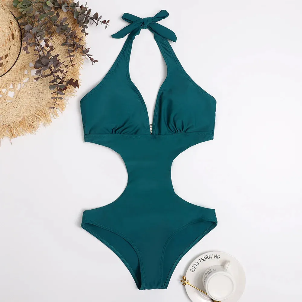 Sexy Cut Out Deep V Halter Backless One Piece Swimsuit