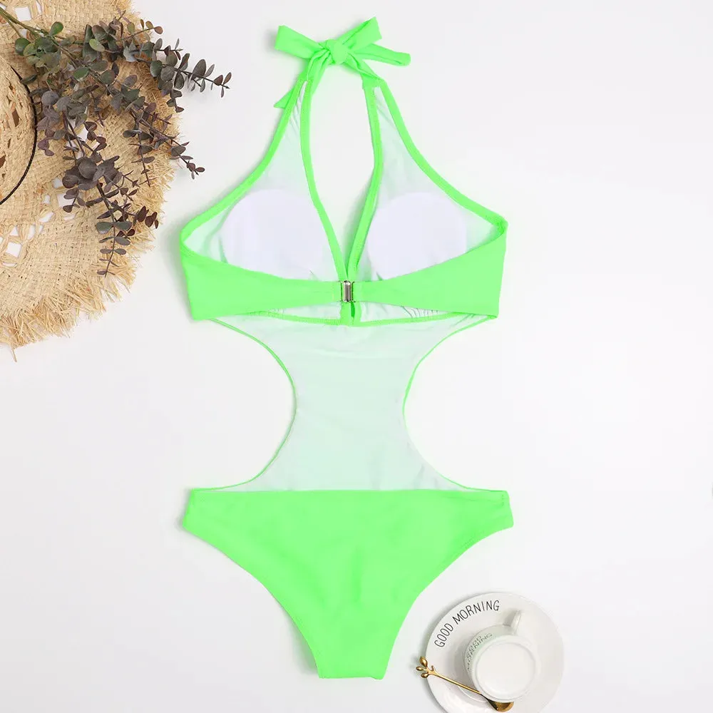 Sexy Cut Out Deep V Halter Backless One Piece Swimsuit