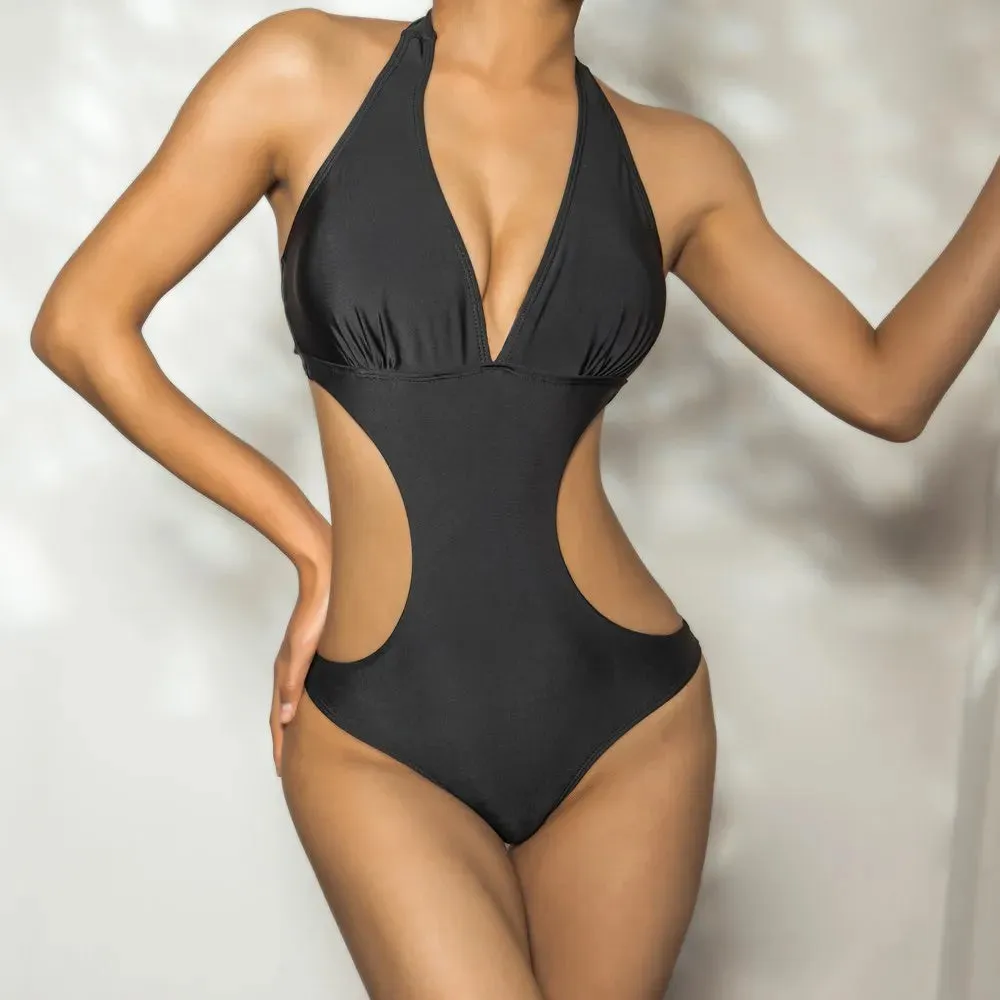 Sexy Cut Out Deep V Halter Backless One Piece Swimsuit