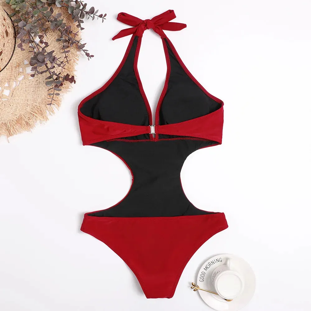 Sexy Cut Out Deep V Halter Backless One Piece Swimsuit