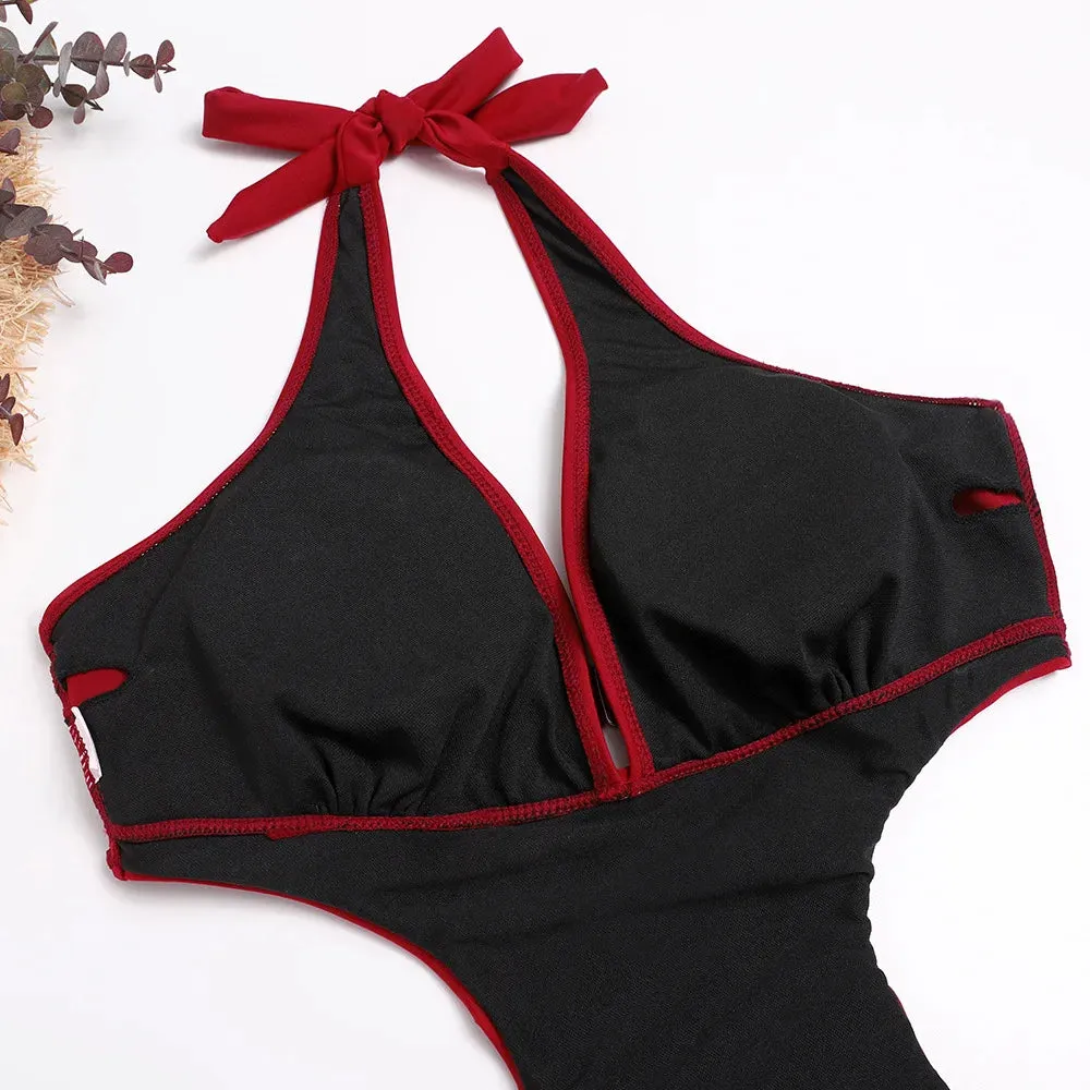 Sexy Cut Out Deep V Halter Backless One Piece Swimsuit