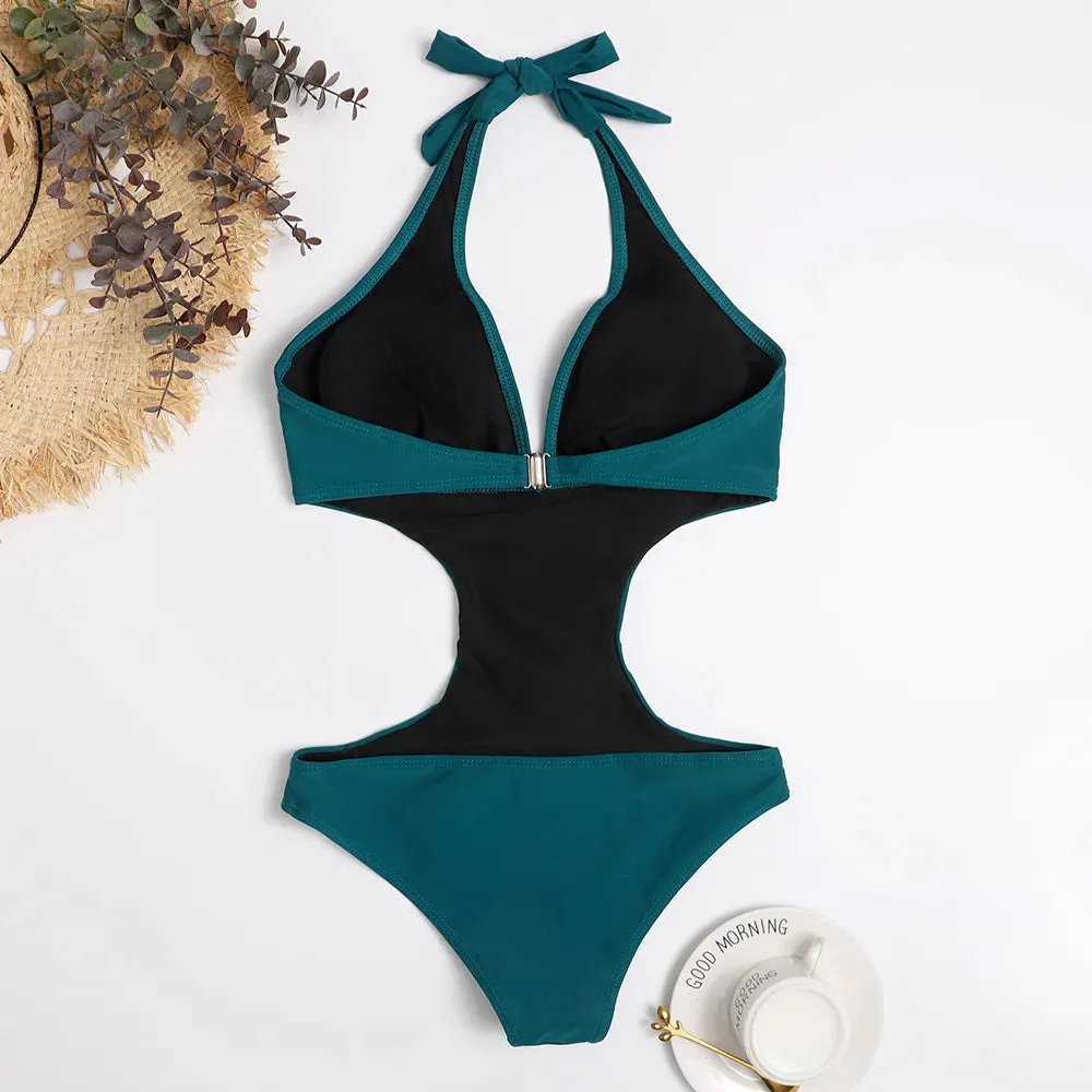 Sexy Cut Out Deep V Halter Backless One Piece Swimsuit