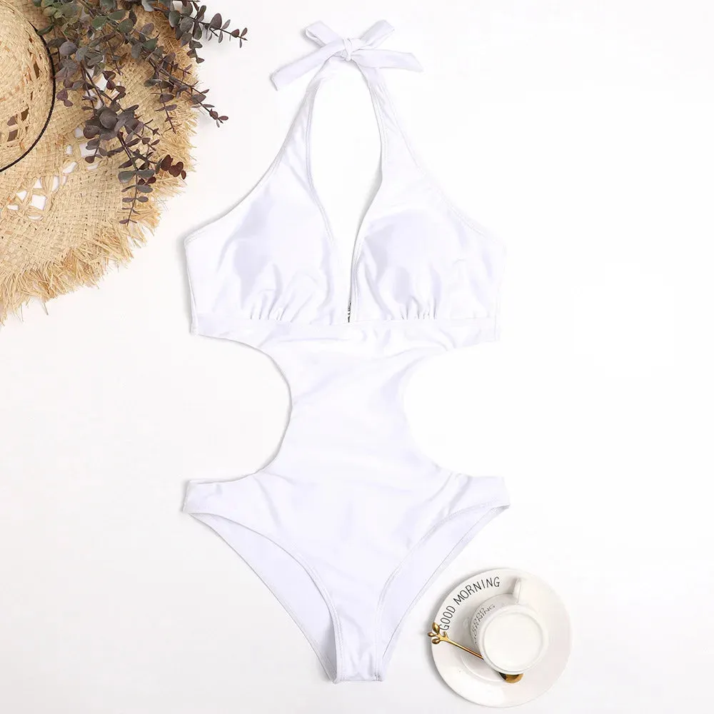 Sexy Cut Out Deep V Halter Backless One Piece Swimsuit