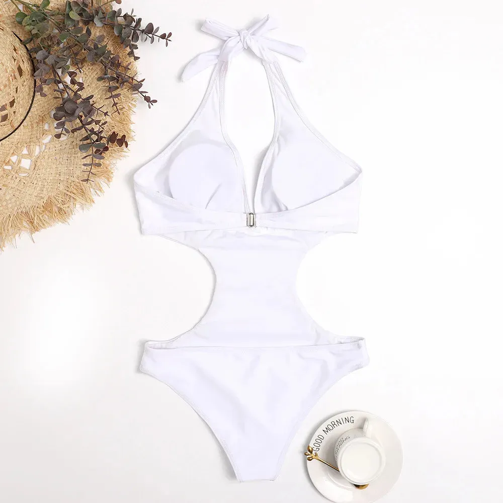 Sexy Cut Out Deep V Halter Backless One Piece Swimsuit
