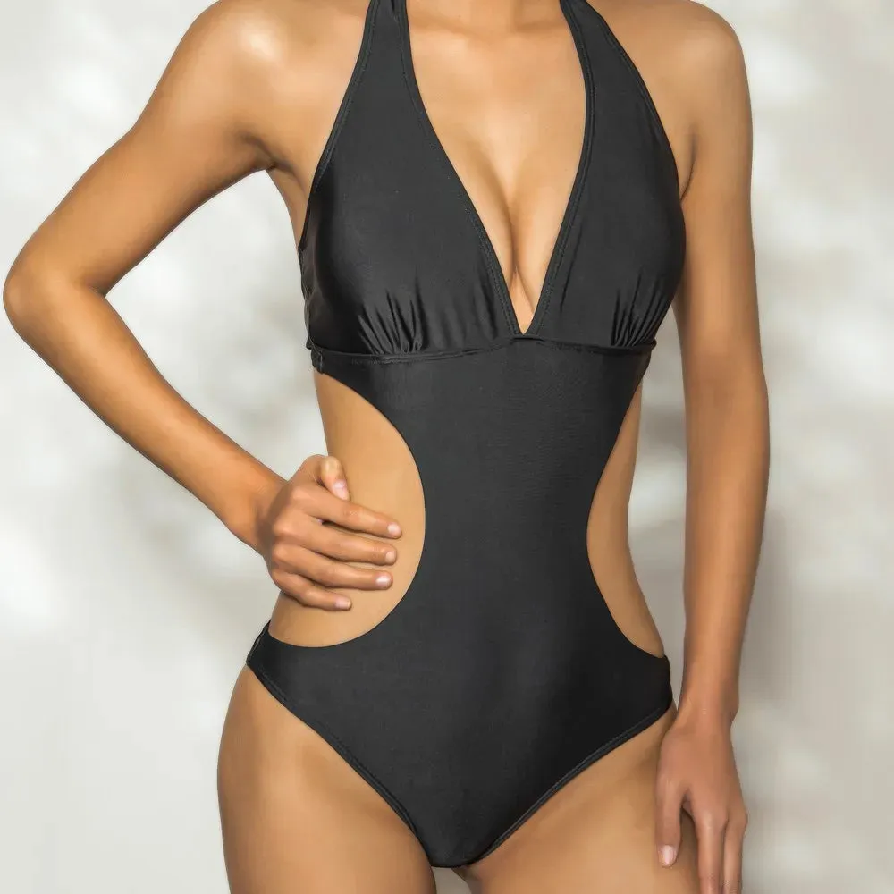Sexy Cut Out Deep V Halter Backless One Piece Swimsuit