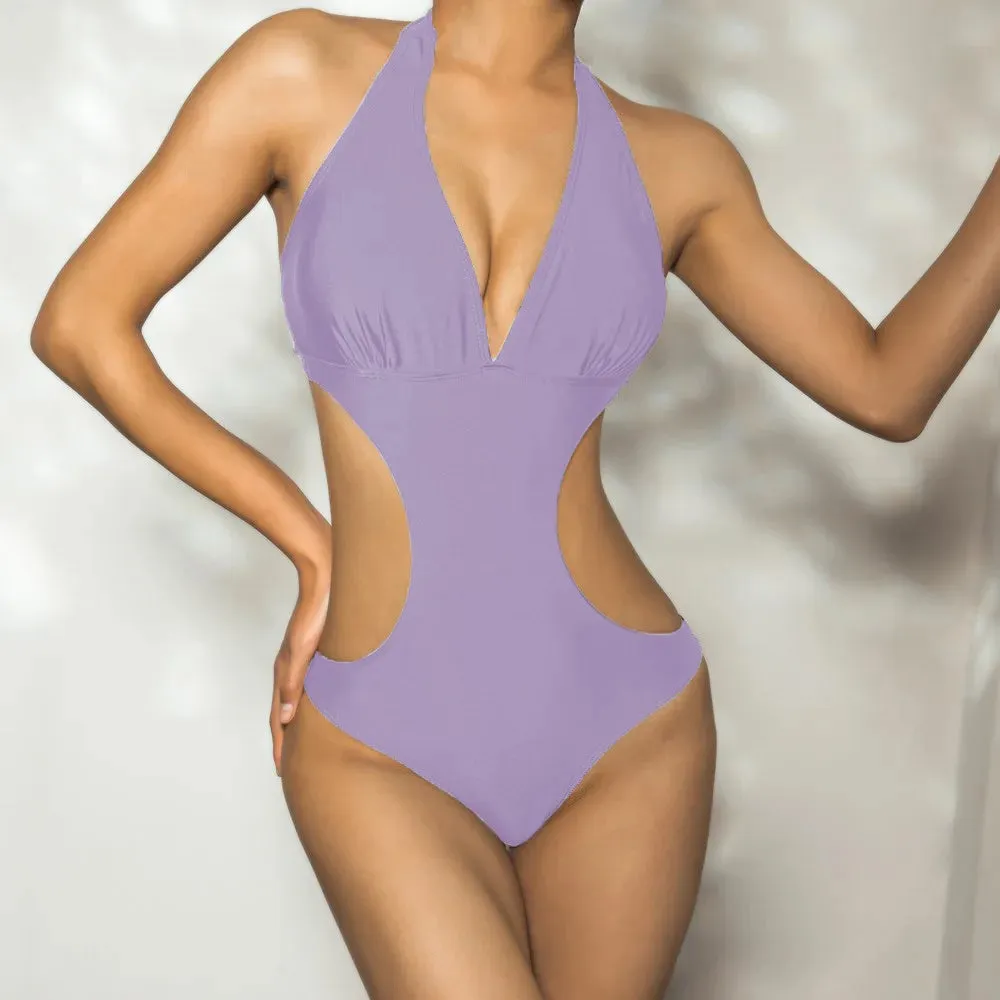 Sexy Cut Out Deep V Halter Backless One Piece Swimsuit