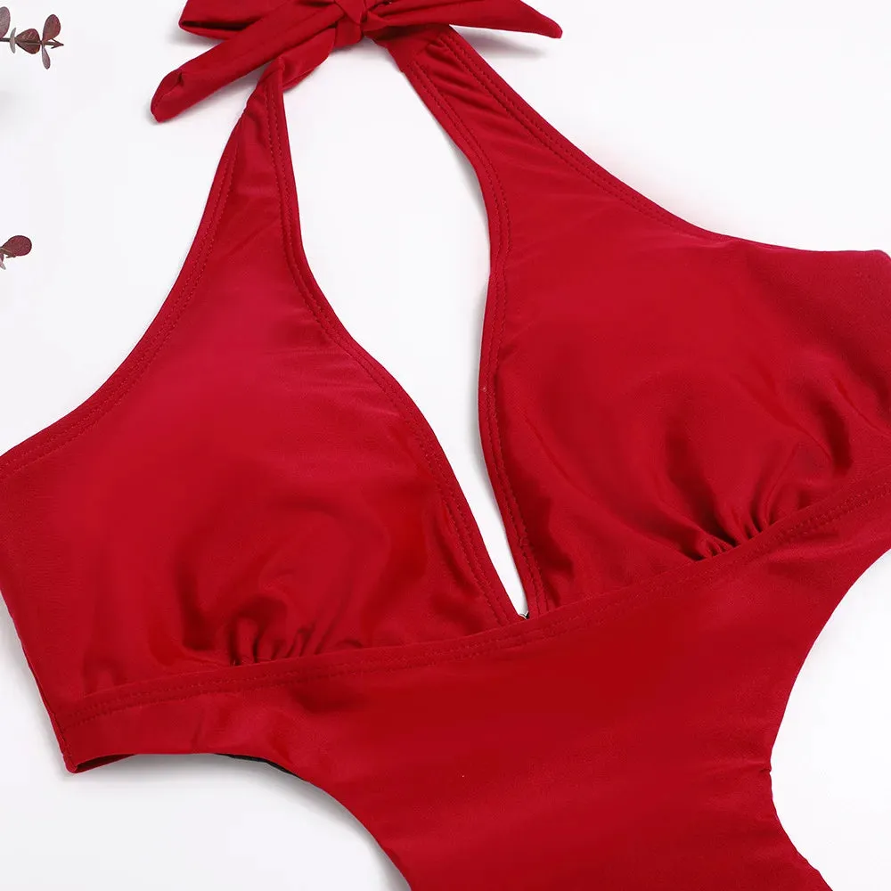 Sexy Cut Out Deep V Halter Backless One Piece Swimsuit