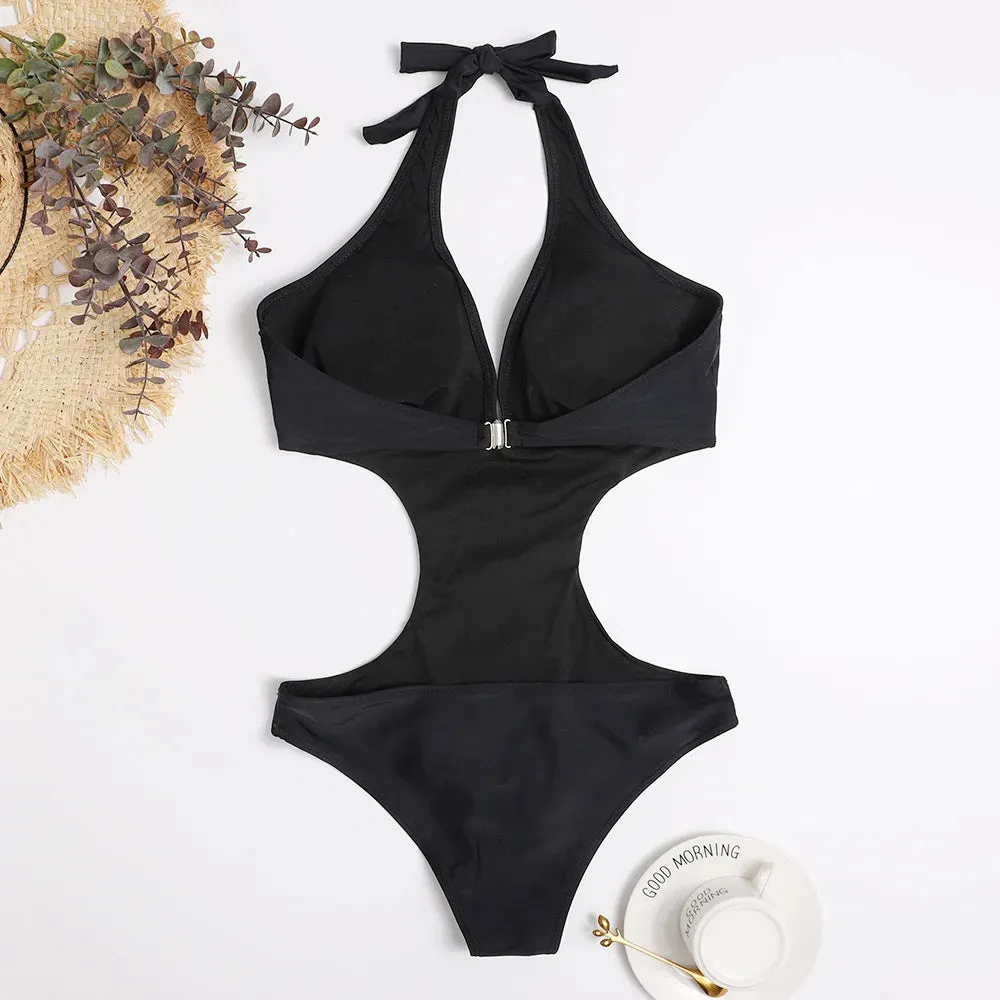 Sexy Cut Out Deep V Halter Backless One Piece Swimsuit