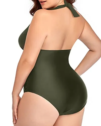 Sexy Deep Plunge V Neck Plus Size One Piece Swimsuits-Army Green