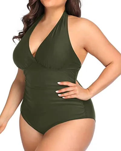 Sexy Deep Plunge V Neck Plus Size One Piece Swimsuits-Army Green
