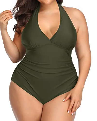 Sexy Deep Plunge V Neck Plus Size One Piece Swimsuits-Army Green