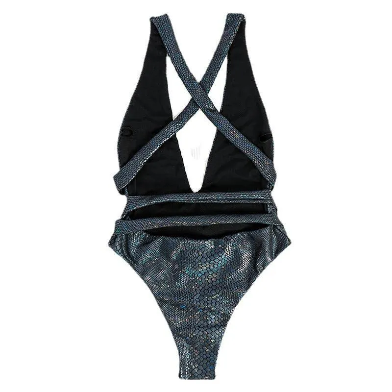 Sexy Deep V-Lace-Up Tight Swimsuit Durable Backless One-piece Set