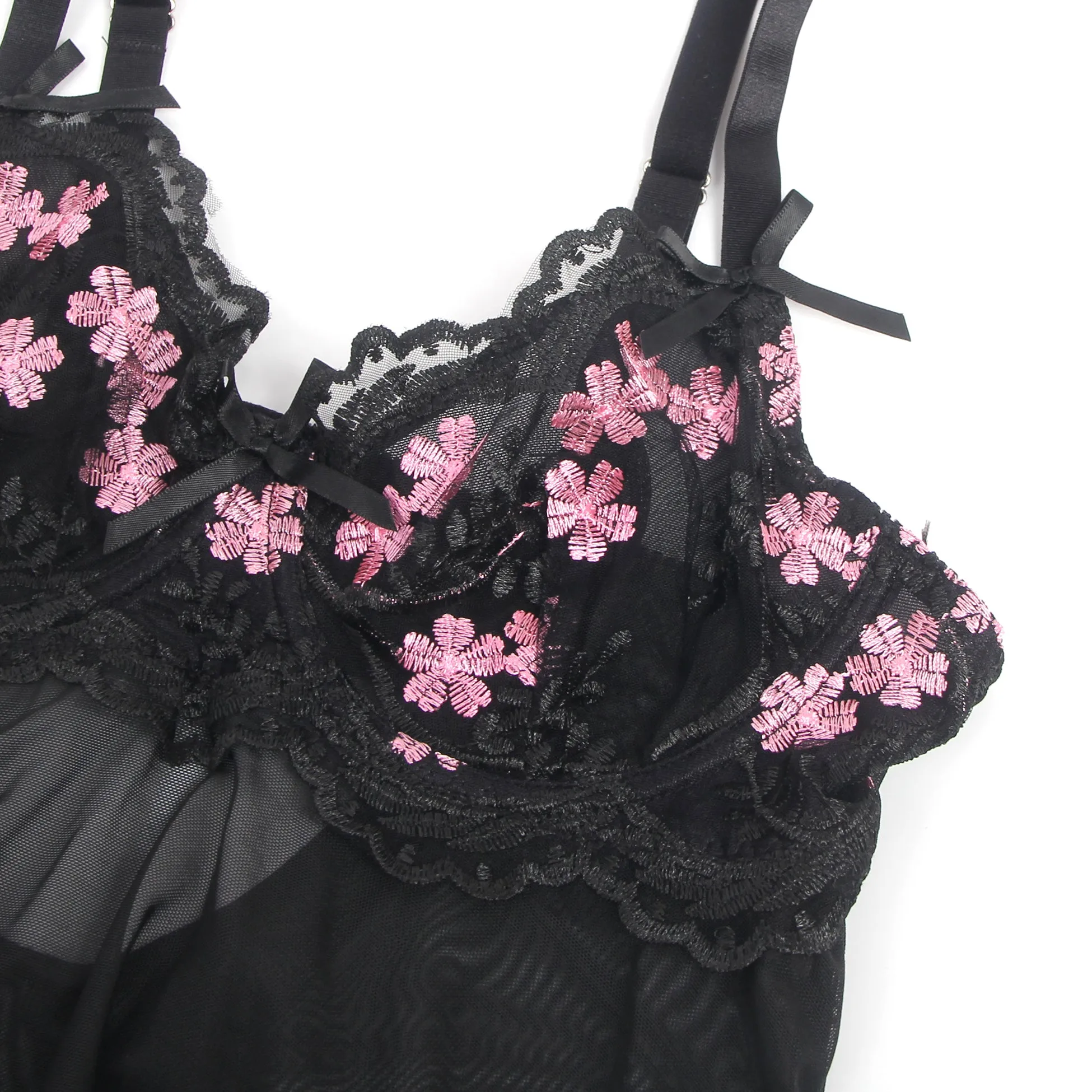 Sexy Egypt Mesh Embroidery Lace Lift Bra Suspender Nightdress