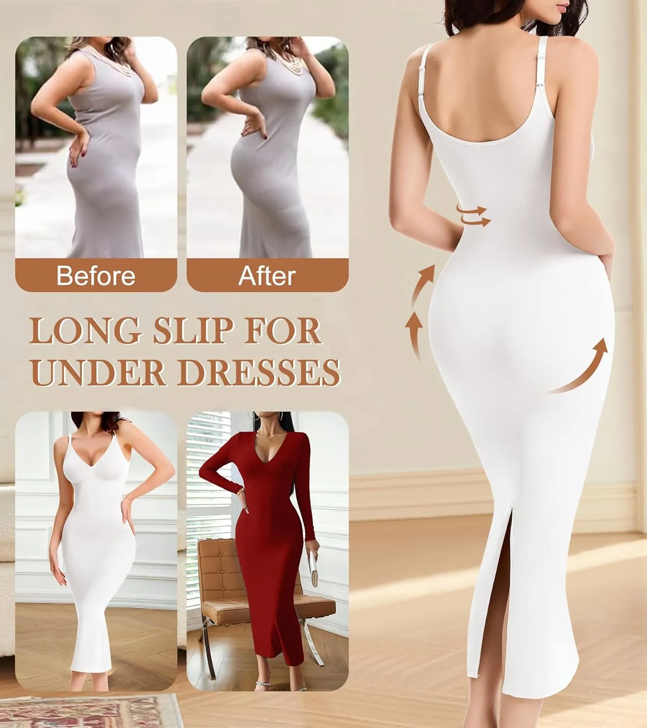 Shapewear Slips for Under Dresses Full Slip Dress for Women Tummy Control Seamless Body Shaper V Neck Slip