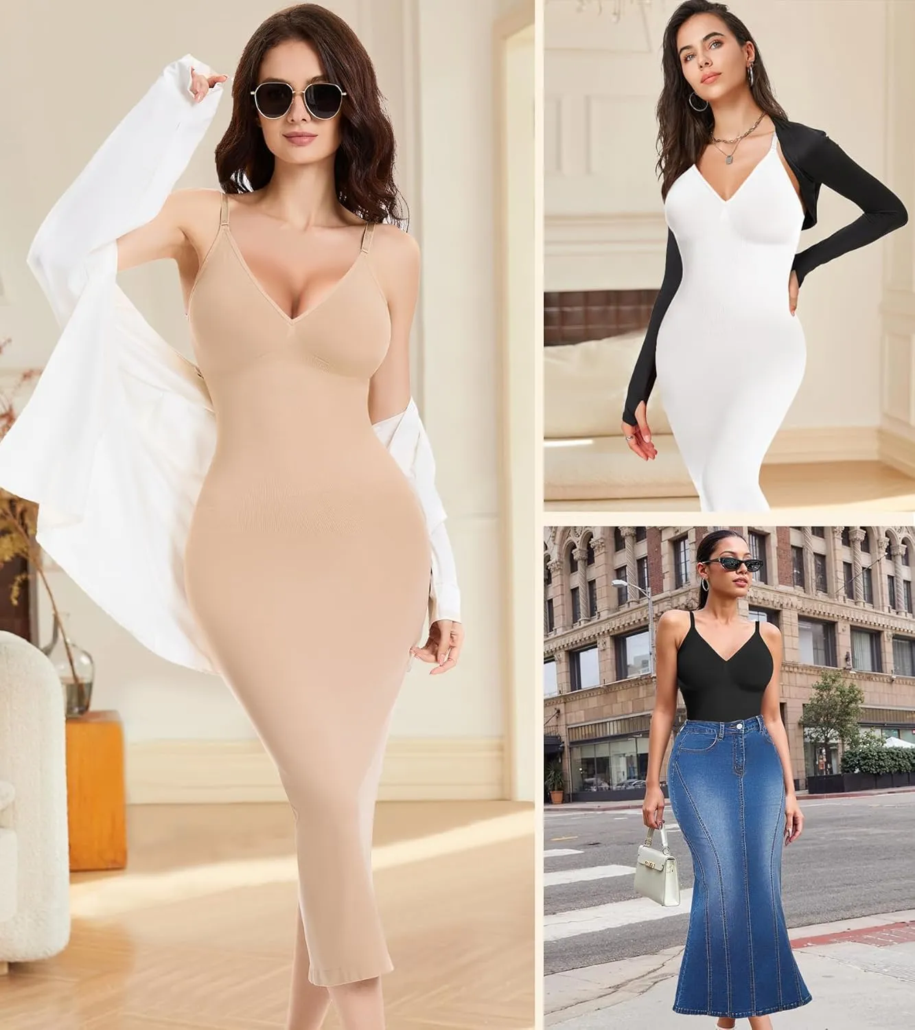 Shapewear Slips for Under Dresses Full Slip Dress for Women Tummy Control Seamless Body Shaper V Neck Slip