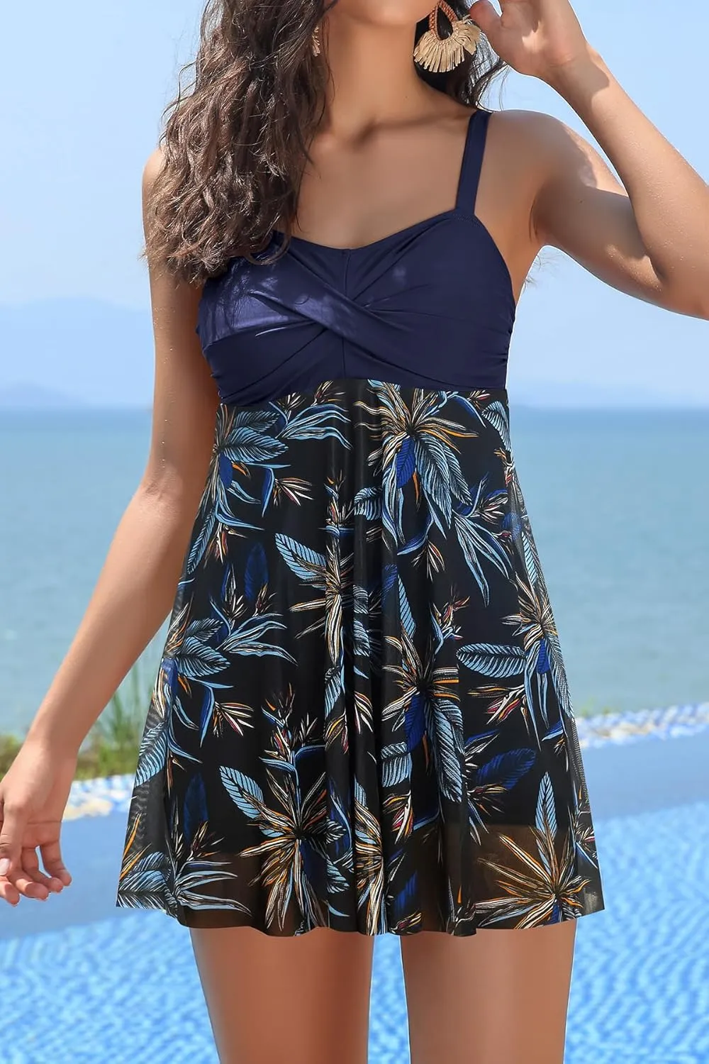 SHEKINI Women's Twist Front One Piece Swimsuit Dress Net Yarn Printing Bathing Suit