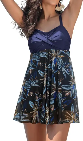 SHEKINI Women's Twist Front One Piece Swimsuit Dress Net Yarn Printing Bathing Suit