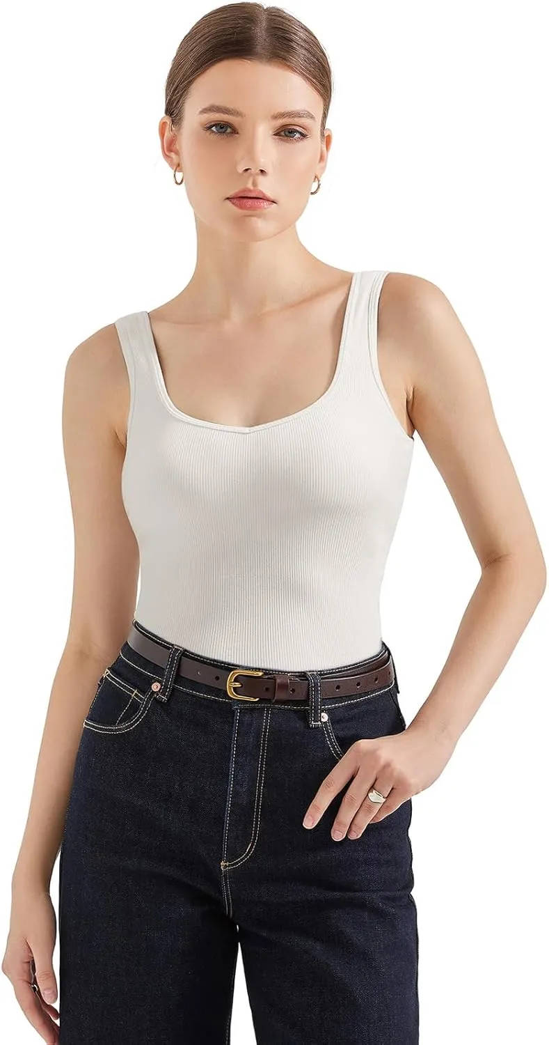 SUUKSESS Women Cotton Ribbed Built in Bra Tank Tops Summer Casual Basic Top