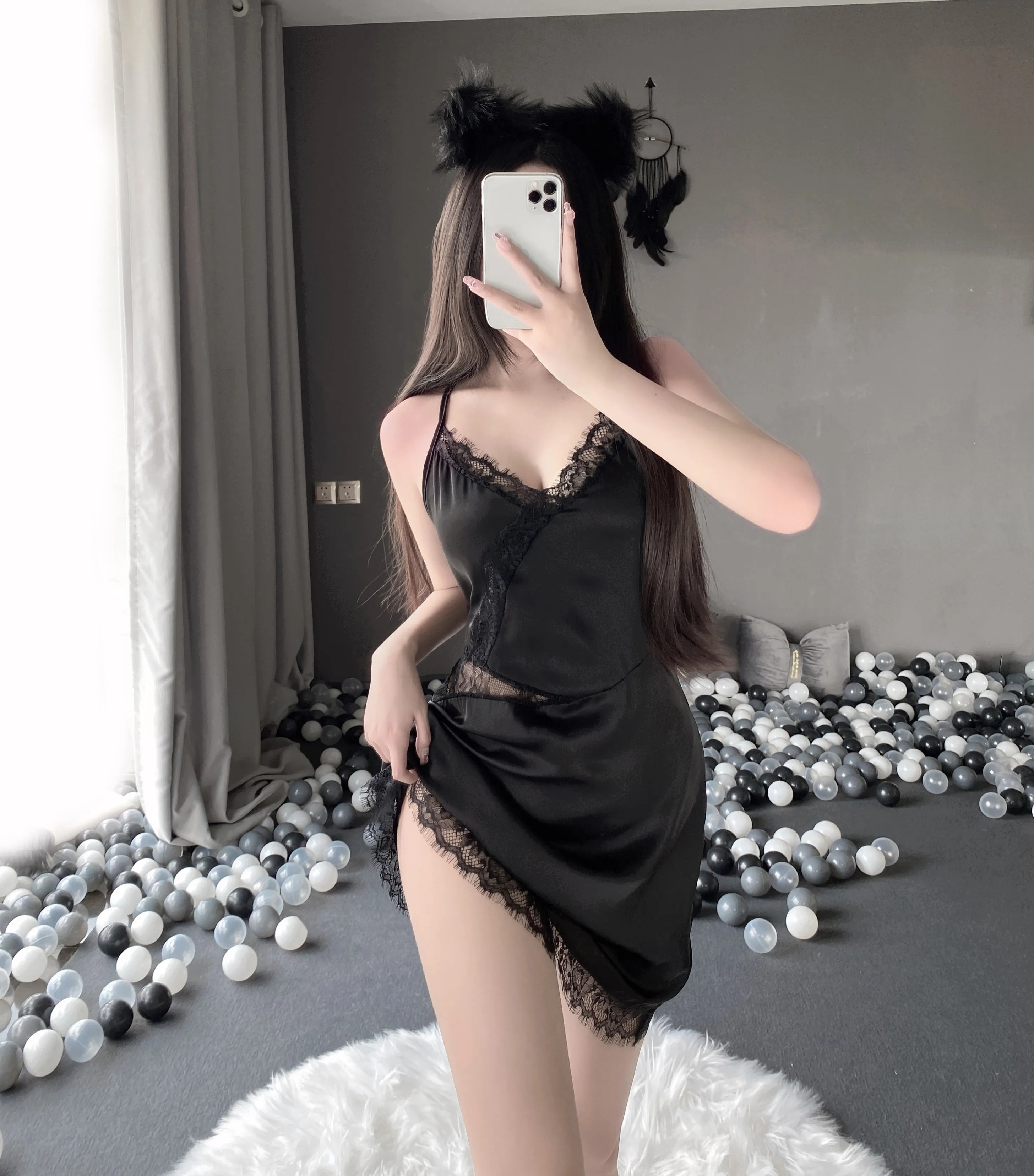 T-2535 Deep V temptation side split embroidered suspender nightdress tie