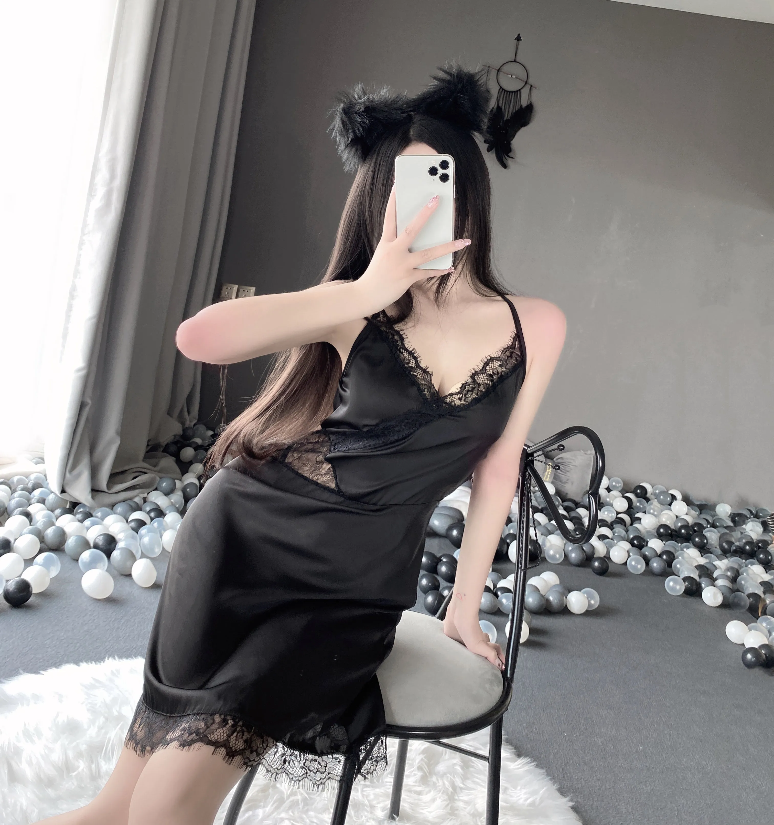 T-2535 Deep V temptation side split embroidered suspender nightdress tie