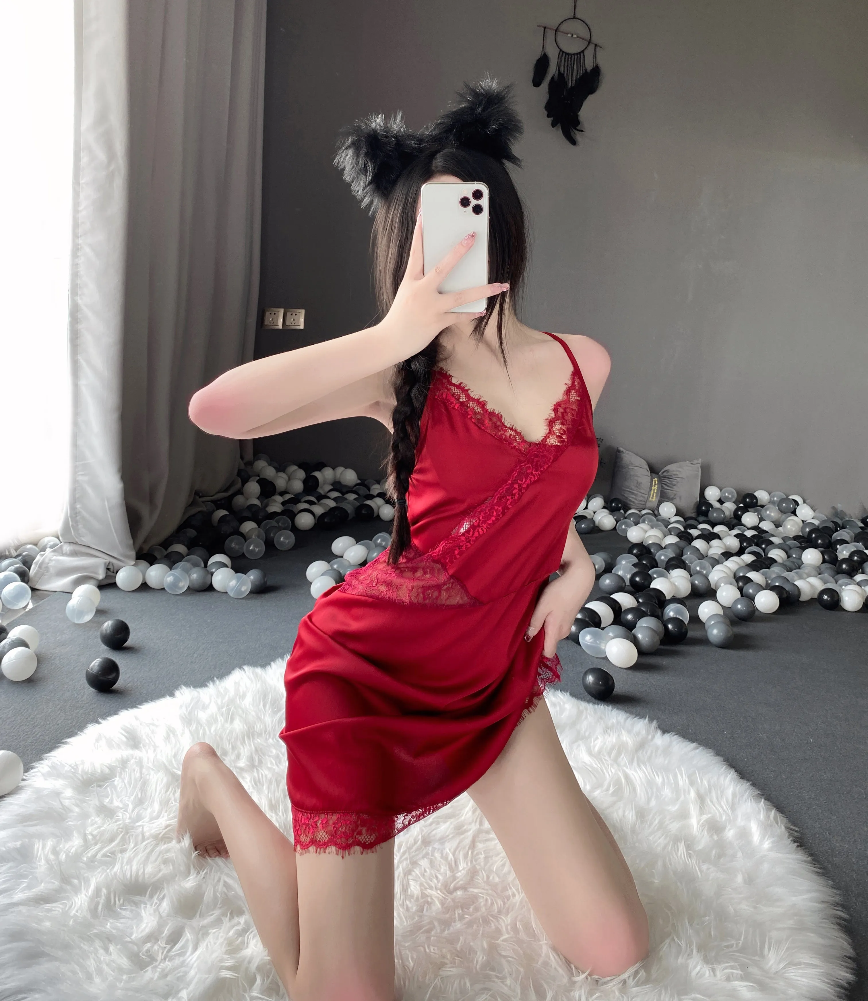 T-2535 Deep V temptation side split embroidered suspender nightdress tie