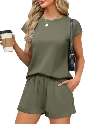 WIHOLL 2 Piece Sets for Women Casual Summer Travel Vacation Outfits Cap Sleeve Shorts Lounge Set