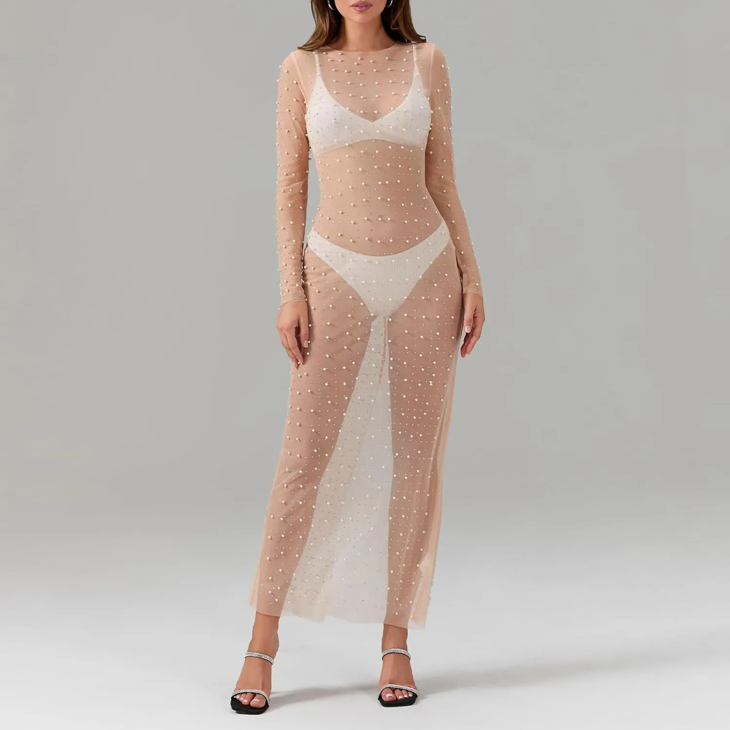 Women Sexy See Through Pearl Rhinestone Cover Up Dress Long Sleeve Bikini Bathing Suit Coverups Swimwear Beach Dress