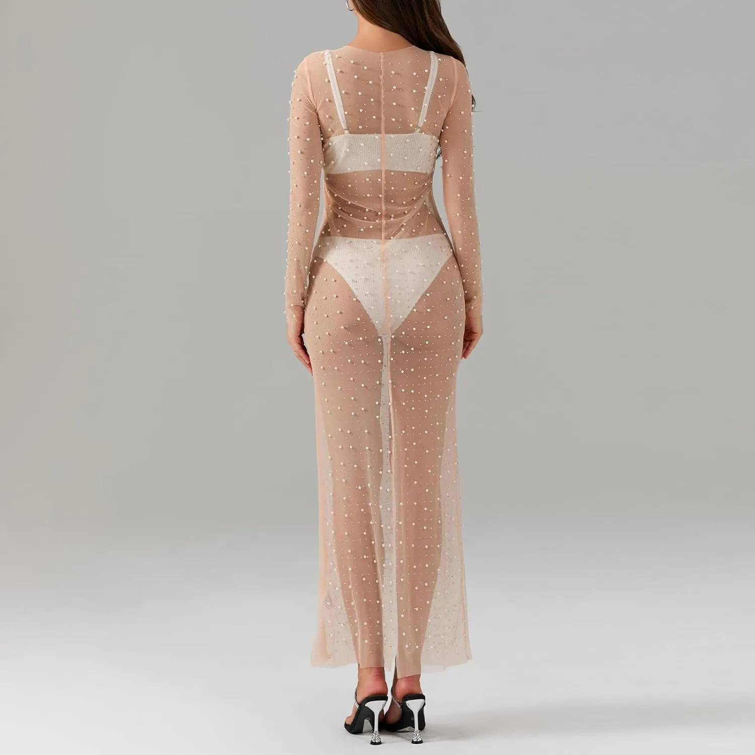 Women Sexy See Through Pearl Rhinestone Cover Up Dress Long Sleeve Bikini Bathing Suit Coverups Swimwear Beach Dress