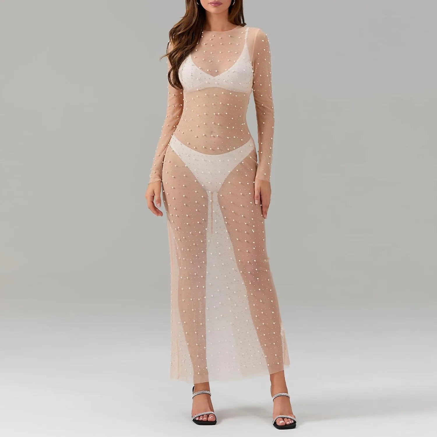 Women Sexy See Through Pearl Rhinestone Cover Up Dress Long Sleeve Bikini Bathing Suit Coverups Swimwear Beach Dress