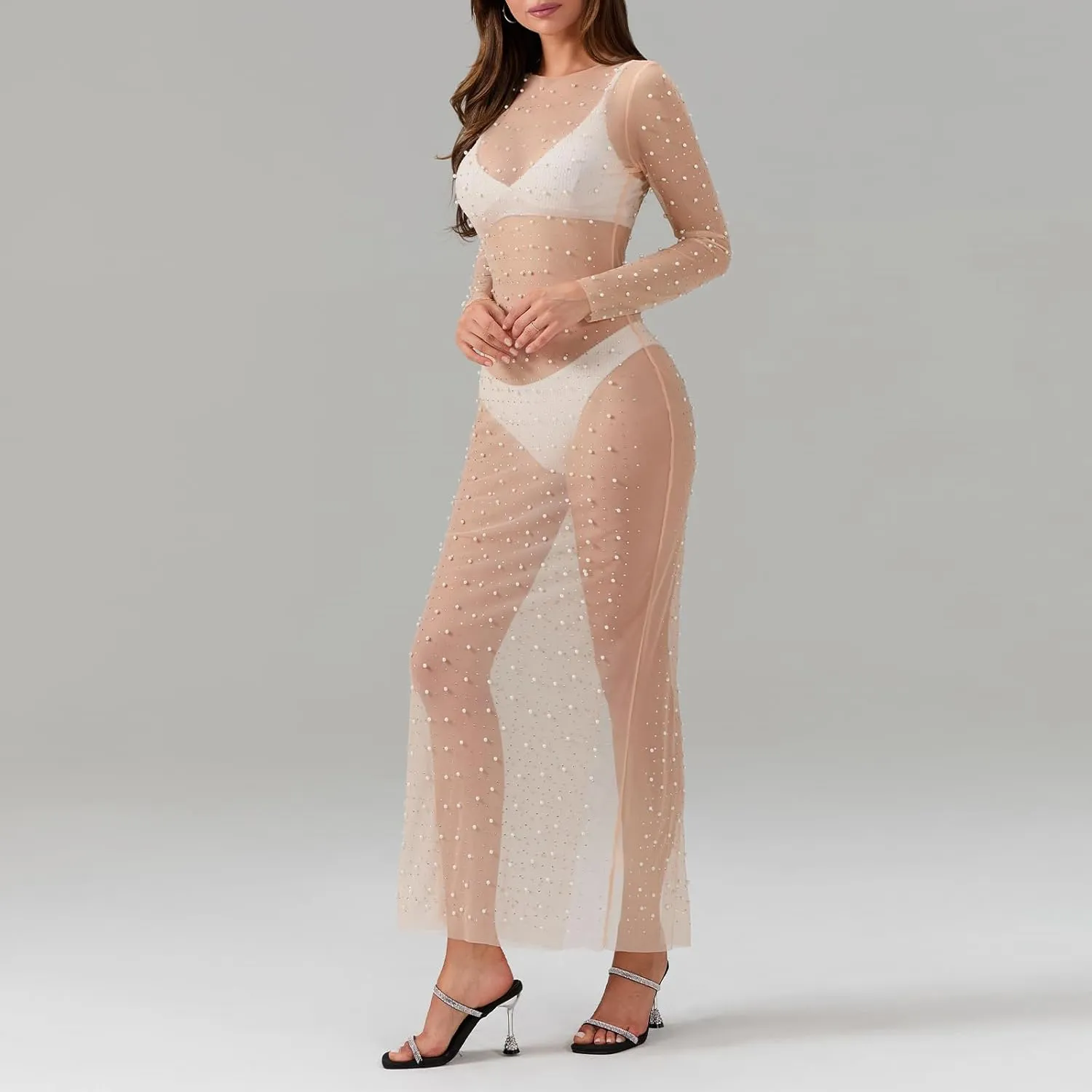 Women Sexy See Through Pearl Rhinestone Cover Up Dress Long Sleeve Bikini Bathing Suit Coverups Swimwear Beach Dress