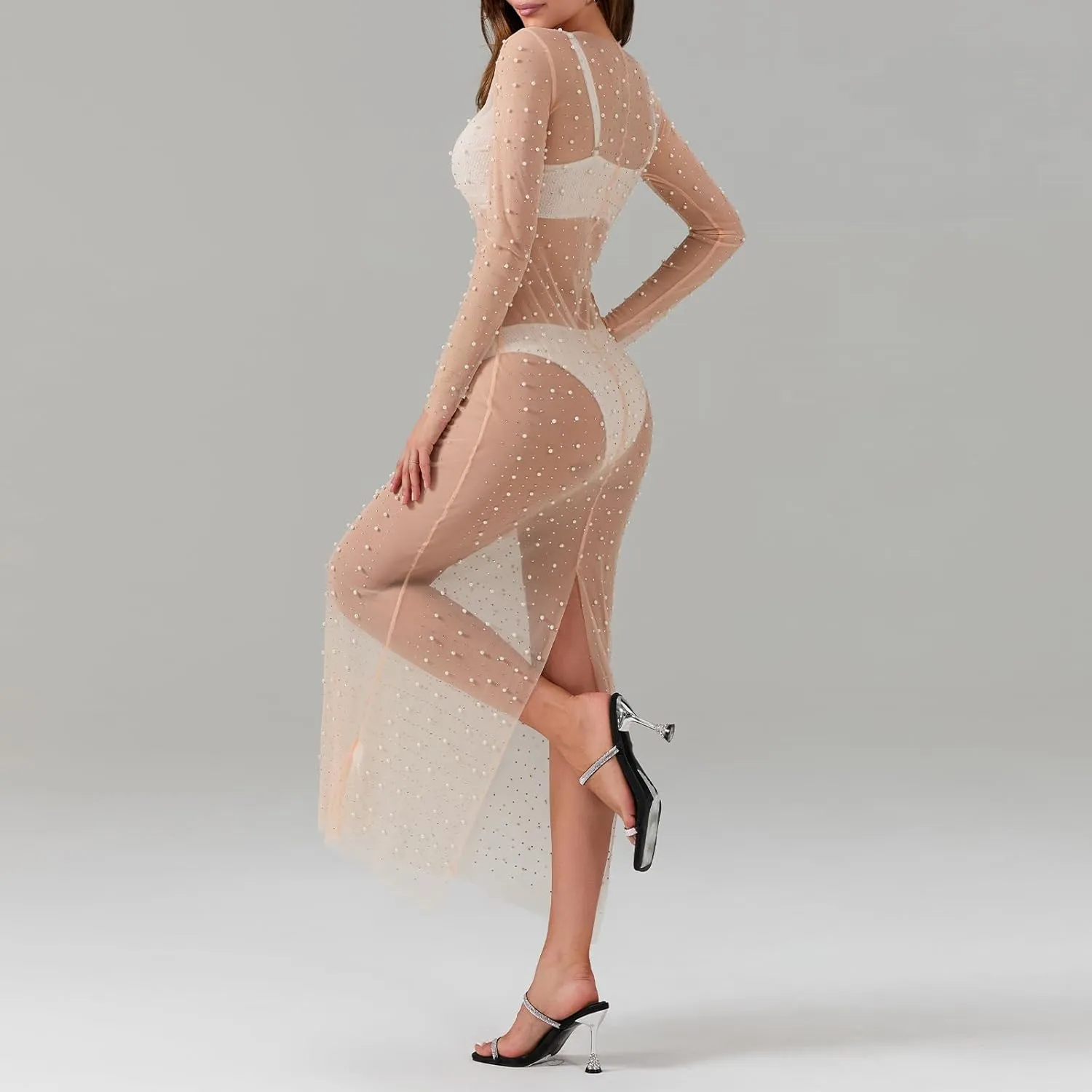 Women Sexy See Through Pearl Rhinestone Cover Up Dress Long Sleeve Bikini Bathing Suit Coverups Swimwear Beach Dress