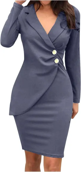 Women Suit Dress Fashion Bodycon Business Skirt Slim Hip Skirt Lapel Long Sleeve Casual Work Formal Dress Blazer