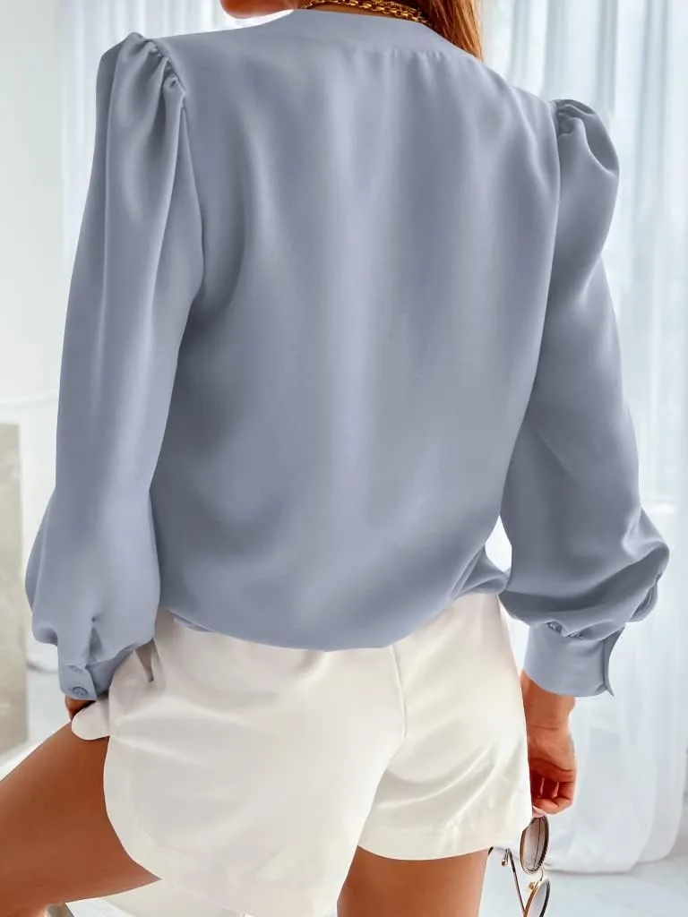 Women's Business Casual Tops Summer Long Sleeve Button Down Shirts V Neck Chiffon Blouses