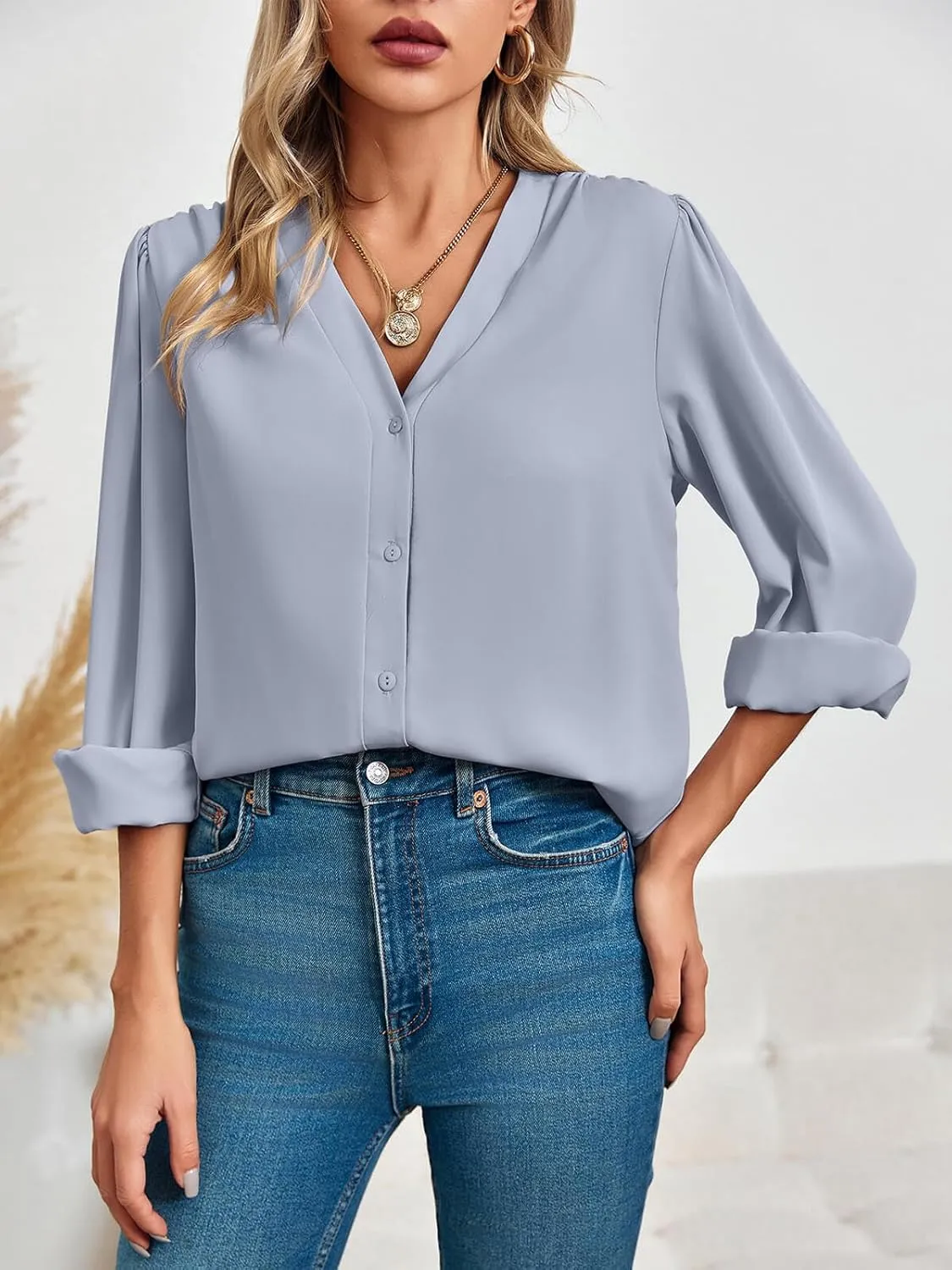 Women's Business Casual Tops Summer Long Sleeve Button Down Shirts V Neck Chiffon Blouses