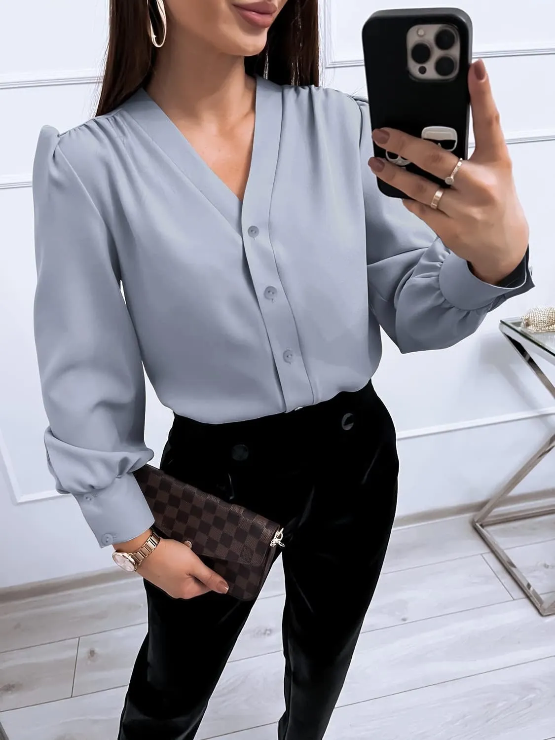 Women's Business Casual Tops Summer Long Sleeve Button Down Shirts V Neck Chiffon Blouses