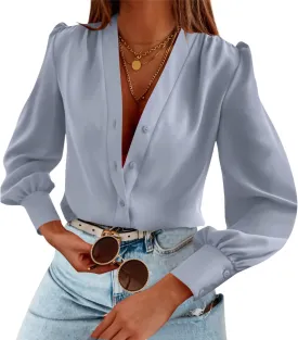 Women's Business Casual Tops Summer Long Sleeve Button Down Shirts V Neck Chiffon Blouses