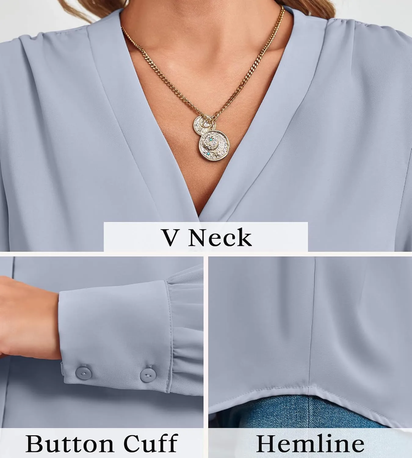Women's Business Casual Tops Summer Long Sleeve Button Down Shirts V Neck Chiffon Blouses