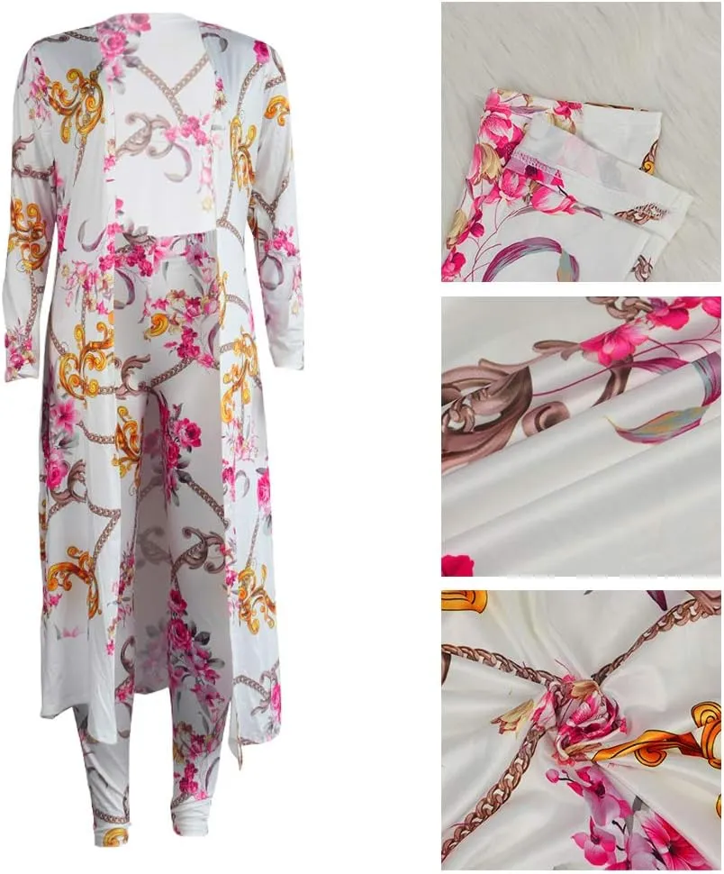 Womens Floral Print Long Sleeve Cardigan Cover up Long Pants 2 Piece Outfits Set