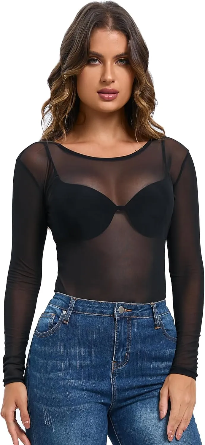Women's Mesh Tops See Through Shirts Long Sleeve Bodycon Clubwear Crop Sheer Blouses