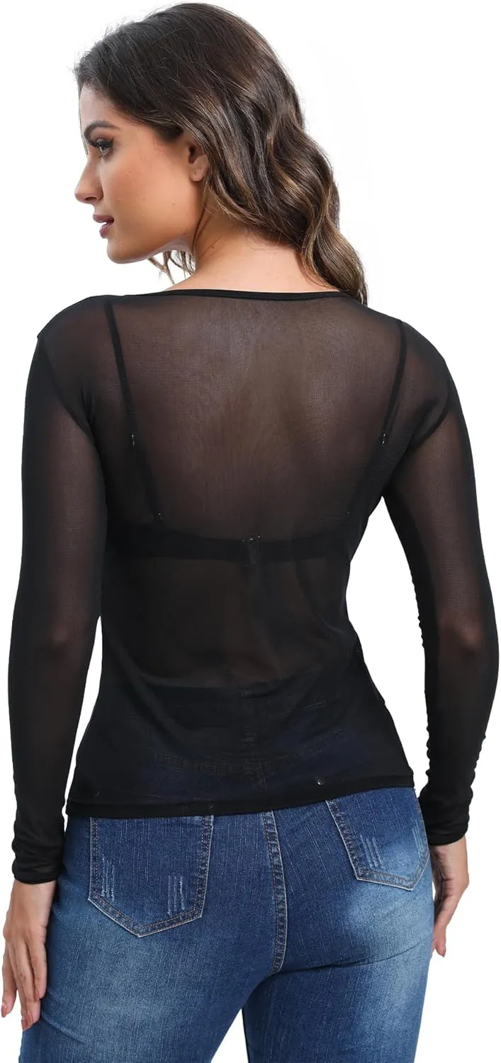 Women's Mesh Tops See Through Shirts Long Sleeve Bodycon Clubwear Crop Sheer Blouses