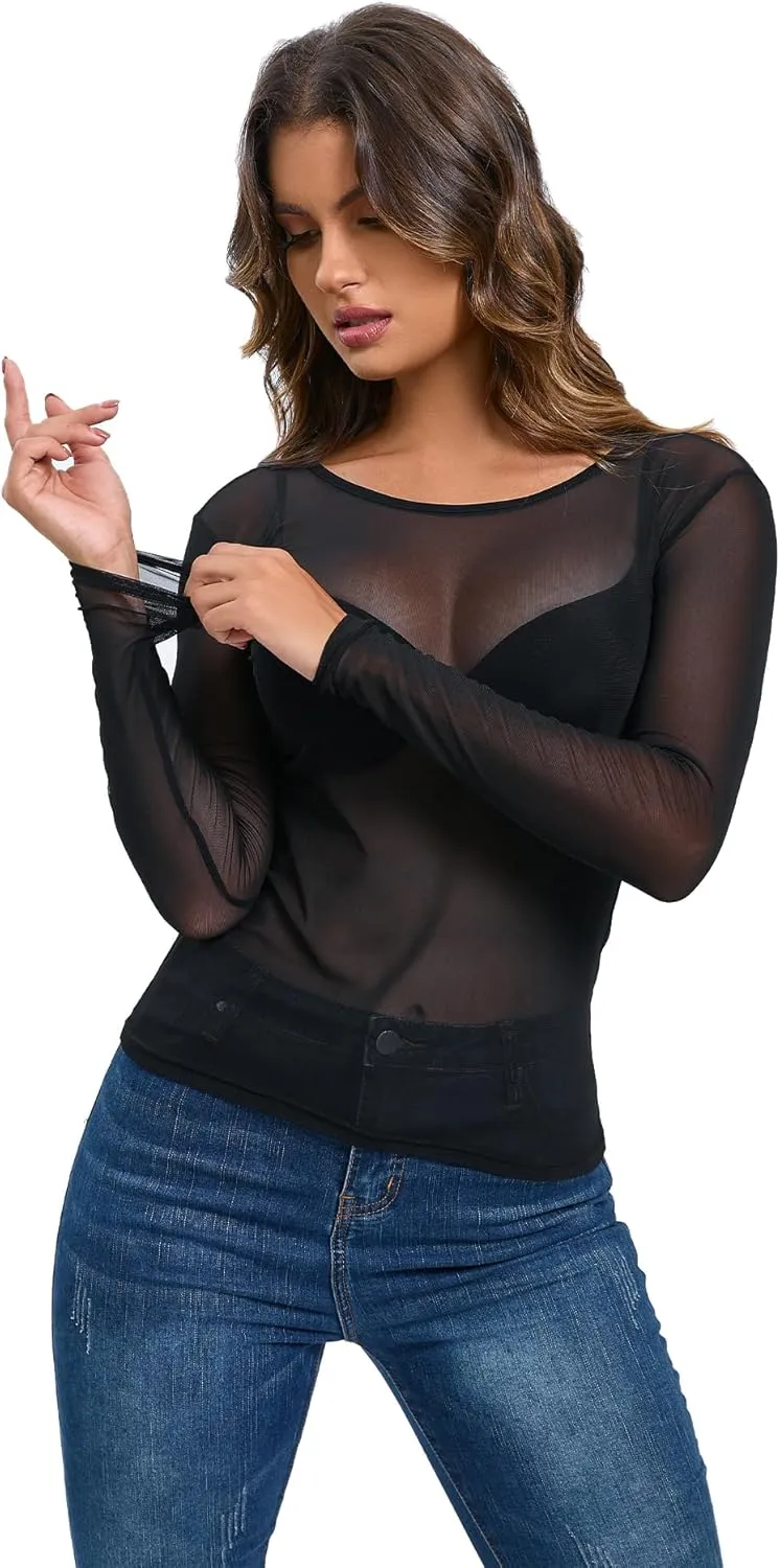 Women's Mesh Tops See Through Shirts Long Sleeve Bodycon Clubwear Crop Sheer Blouses