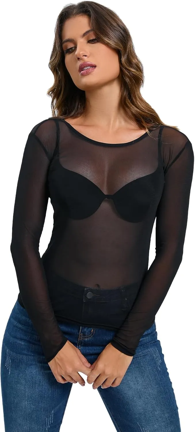 Women's Mesh Tops See Through Shirts Long Sleeve Bodycon Clubwear Crop Sheer Blouses