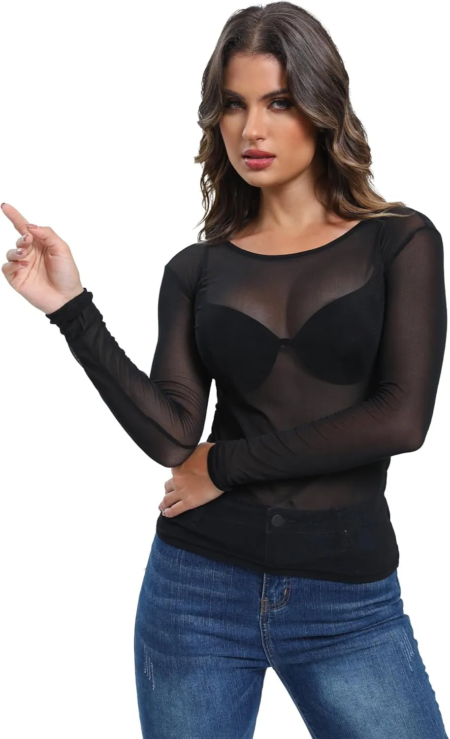 Women's Mesh Tops See Through Shirts Long Sleeve Bodycon Clubwear Crop Sheer Blouses