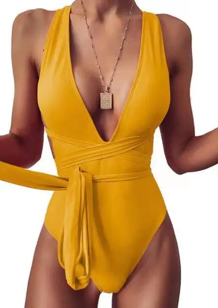Women's One Piece Swimsuit Solid Color Lace Up Sexy Deep V Backless One Piece Swimsuit