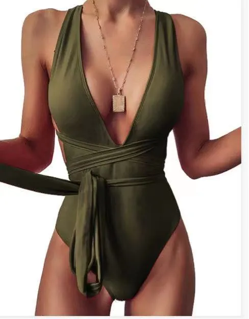 Women's One Piece Swimsuit Solid Color Lace Up Sexy Deep V Backless One Piece Swimsuit