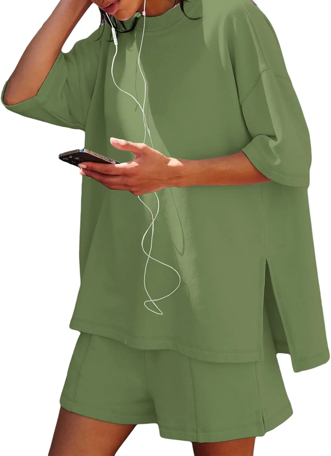 Womens Shorts Sets 2 Piece Outfits Summer 2025 Half Sleeve Crew Neck Cotton Lounge Sets Matching Clothing
